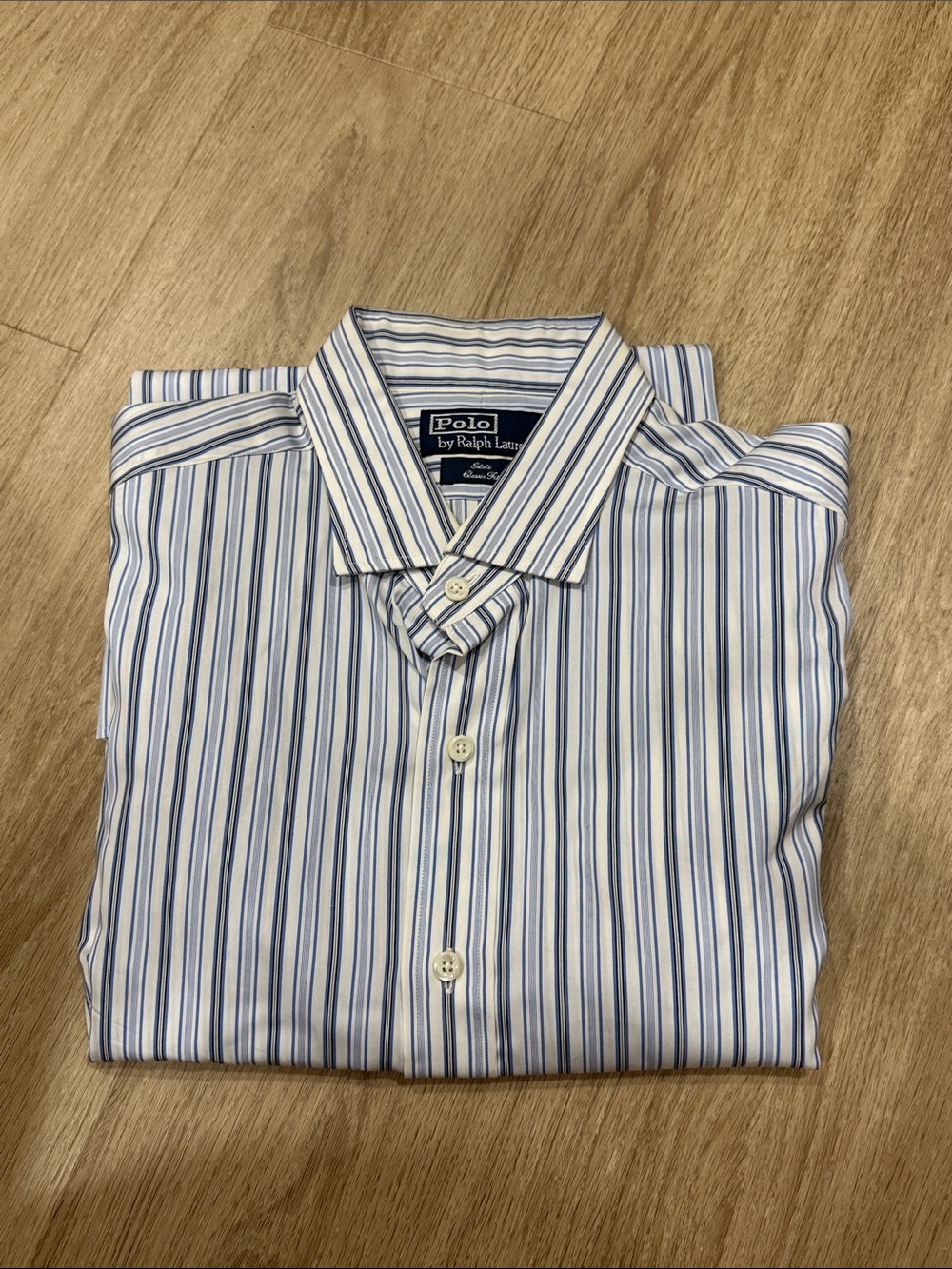 Polo by Ralph Lauren White Dress Shirt with Blue Vertical Stripes